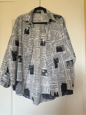 🖤 Newspaper Print Button-Up Blouse | XL | Chic Oversized Statement Top